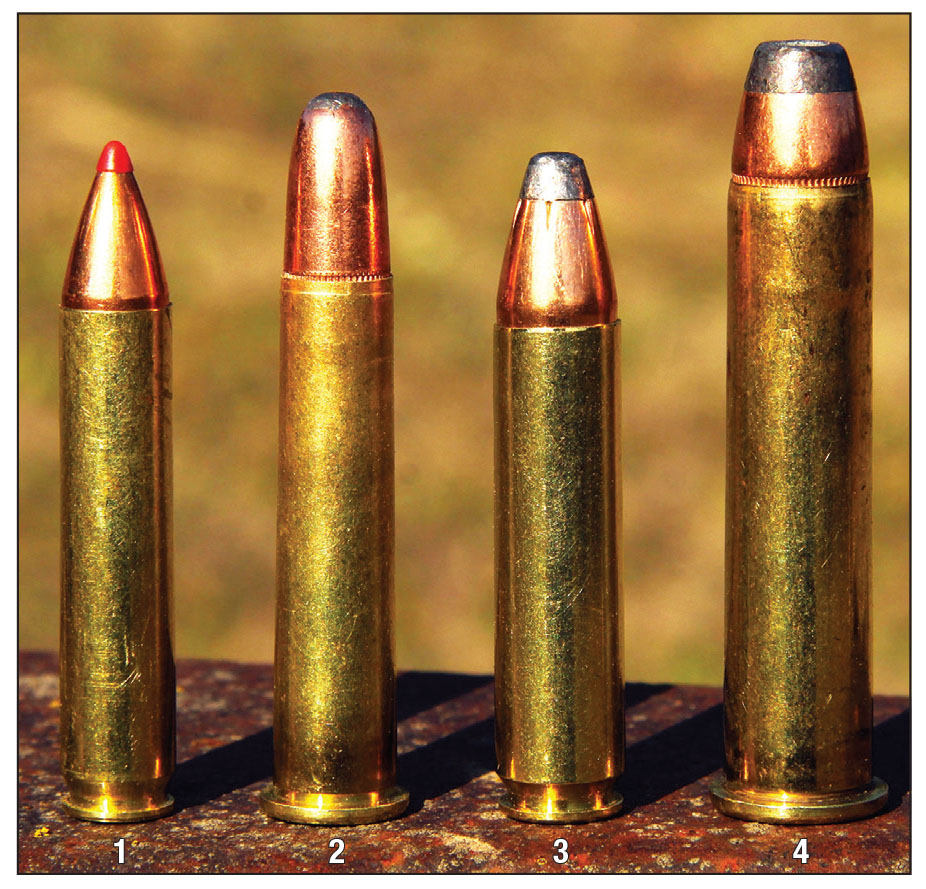 Three of the most recent straight-walled centerfire cartridges are: (1) 350 Legend, (2) 360 Buckhammer and (3) 400 Legend. The 45-70 Government (4) is shown for comparison.